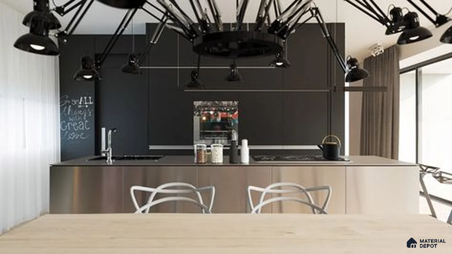 A kitchen with marble counter tops and stainless steel appliances on the wall, along with hanging lights hanging from the ceiling over the ceiling over the wall next to an island in front of a wooden floor and white